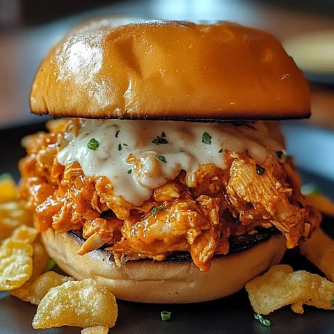 Un sandwich juteux au poulet garni de sauce crémeuse et servi avec des chips.