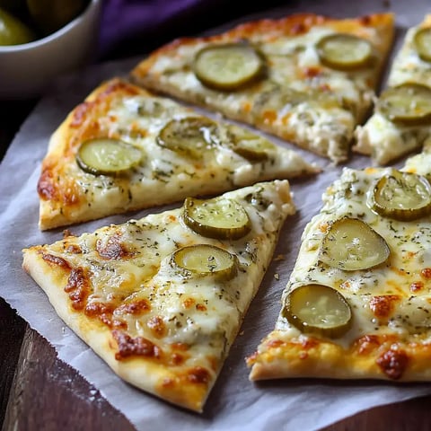 Une assiette de parts de pizza garnies de fromage, d'herbes et de tranches de cornichons.