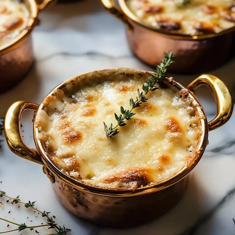 Un gros plan d'un plat en cuivre rempli de fromage doré et gratiné, surmonté d'une branche de thym.