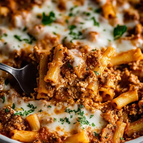 Une portion de pâtes rigatoni nappée de sauce à la viande, fromage fondu et persil, avec une fourchette soulevant une bouchée.