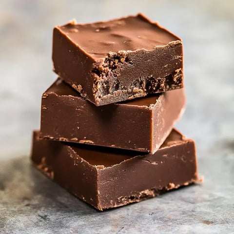 Trois morceaux empilés de fudge au chocolat, l'un avec une bouchée, posés devant un arrière-plan flou.