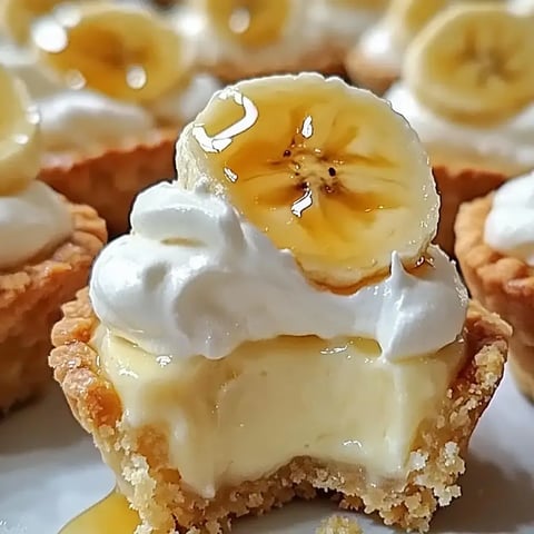 Un gros plan d'une tarte à la crème de banane garnie de crème fouettée et d'une tranche de banane, montrant une bouchée prise dans une tarte.