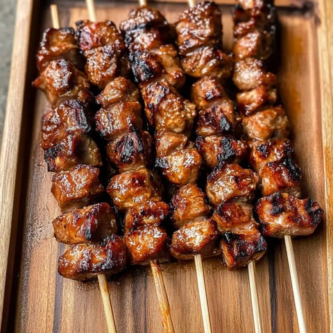 Des brochettes de viande grillées, brillantes de glaçage savoureux, sont disposées joliment sur un plateau en bois.