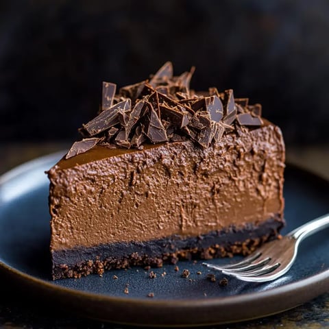 Une part de gâteau chocolaté riche garnie de copeaux de chocolat sur une assiette sombre.