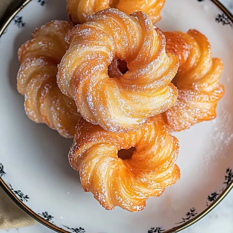 Une assiette de pâtisseries dorées en forme de petits beignets, saupoudrées de sucre glace.