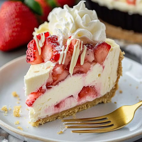 Une part de cheesecake crémeux aux fraises garnie de crème fouettée et de fraises fraîches sur une assiette, avec une fourchette dorée à côté.