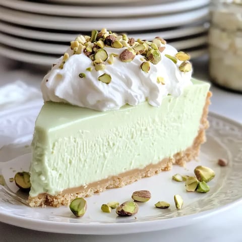 Une part de tarte crémeuse verte à la pistache garnie de crème fouettée et de pistaches hachées sur une assiette décorative.