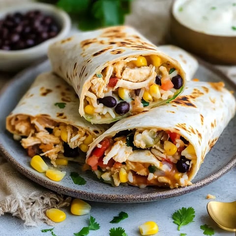 Deux burritos remplis de poulet effiloché, riz, haricots noirs, maïs et tomates coupées sont disposés sur une assiette, accompagnés d'un bol de haricots noirs et d'un plat de sauce crémeuse en arrière-plan.