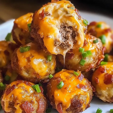 Zoom sur des boulettes au fromage fondu et viande hachée, décorées de ciboulette, avec une boulette coupée en deux montrant l'intérieur.