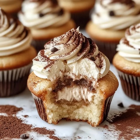 Un gros plan d'un cupcake avec une spirale de crème sur le dessus, révélant une garniture crémeuse à l'intérieur et saupoudré de cacao.