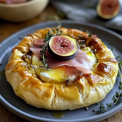 Une pâtisserie salée garnie de figues tranchées, de prosciutto et de thym frais, avec un nappage brillant sur une assiette.