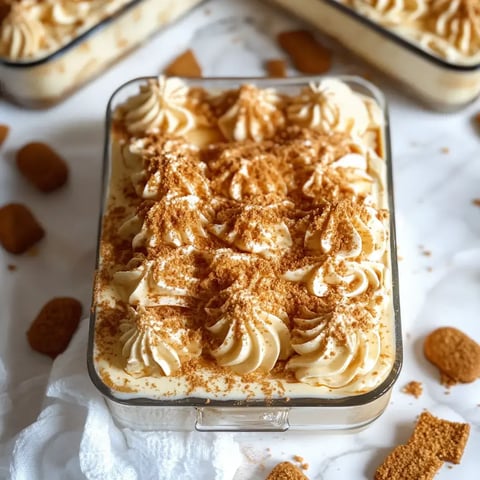 Un plat en verre rempli d'un dessert crémeux garni de tourbillons de crème fouettée et parsemé de biscuits émiettés, entouré de biscuits entiers sur une surface blanche.