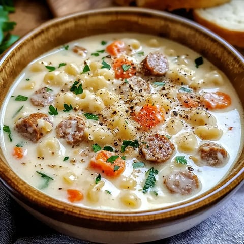 Un bol de soupe crémeuse avec saucisses, pâtes, carottes et persil haché, servi avec des tranches de pain.