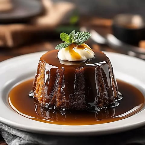 Un dessert riche au caramel avec une touche de crème et une feuille de menthe, servi sur une assiette blanche nappée de sauce brillante.