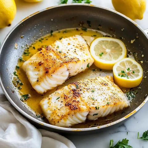 Poisson sauté, garni de persil et accompagné de tranches de citron dans une poêle.