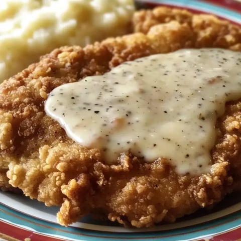 Zoom sur un steak de poulet pané nappé de sauce crémeuse, accompagné de purée dans une assiette colorée.