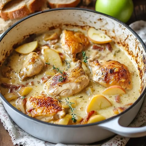 Une poêle avec des morceaux de poulet dorés mijotant dans une sauce crémeuse avec des tranches de pomme et du thym frais. À côté, des tranches de pain et une pomme verte.