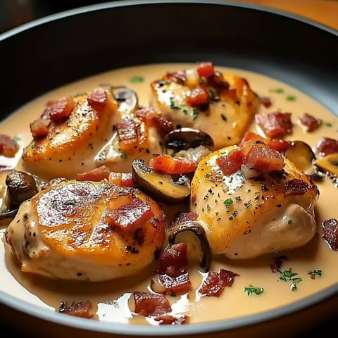 Émincés de Poulet à la Moutarde, Lardons et Champignons