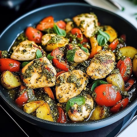 Une casserole de poulet avec des légumes verts et des herbes.