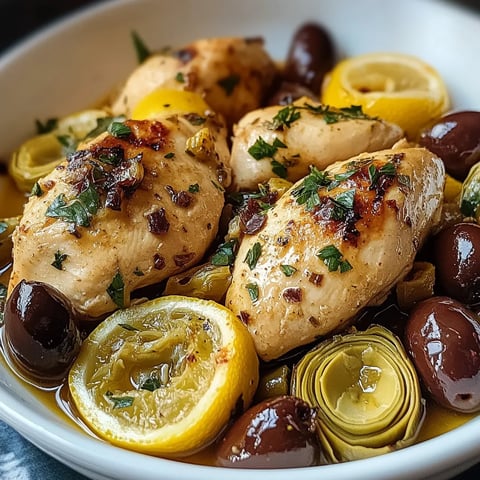 Une assiette de poulet grillé avec des légumes verts et des olives.