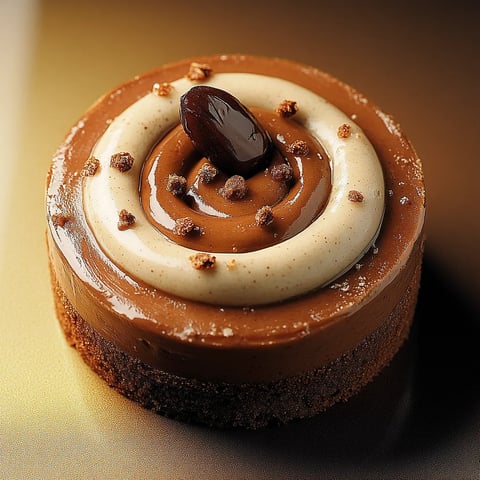 Une petite tarte au chocolat avec une goutte de chocolat sur le dessus.