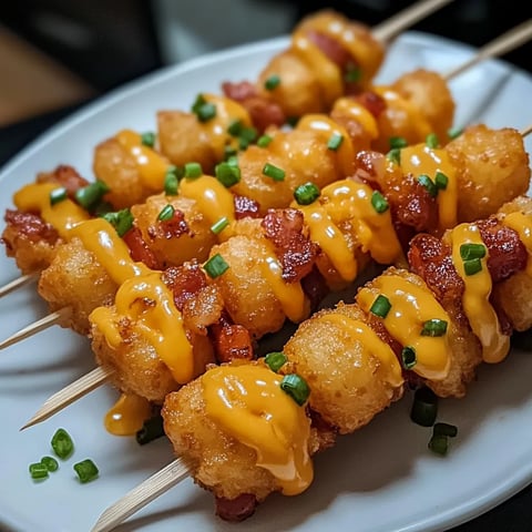 Une assiette de brochettes de frites avec des pommes de terre et des légumes verts.