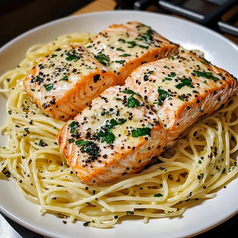 Une assiette de spaghetti avec des filets de saumon grillé.