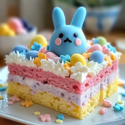 Une cake coloré avec des chocolats et des œufs colorés.