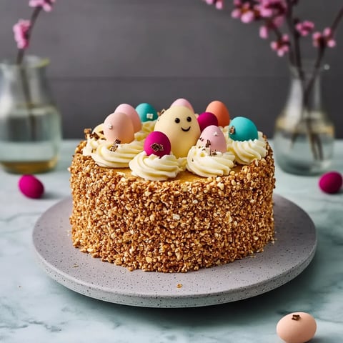 Une cake avec des œufs colorés dessus.