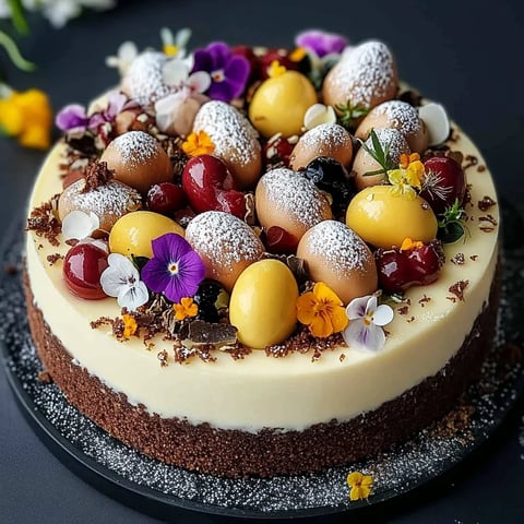 Une cake délicieux avec des fruits et des œufs sur le dessus.
