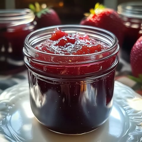 Un pot de confiture de fraises et rhubarbe posé sur un plateau.