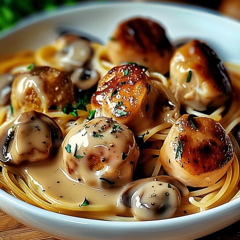 Spaghetti aux Boulettes de Poulet et Sauce Crémeuse aux Champignons