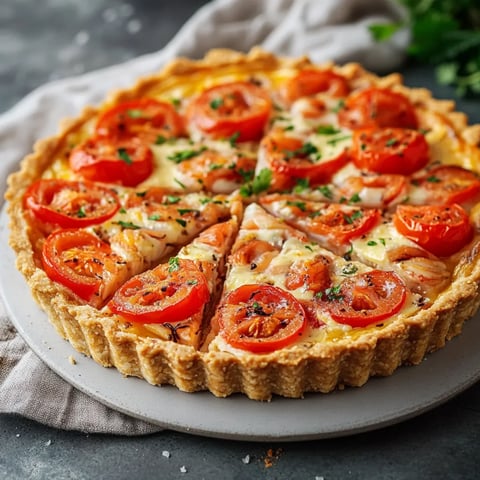 Une tarte aux tomates est servie sur un plateau.