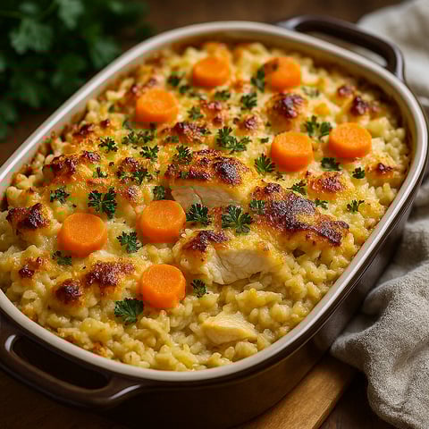 Une casserole de macaroni et carottes est servie dans un bol sur une table.