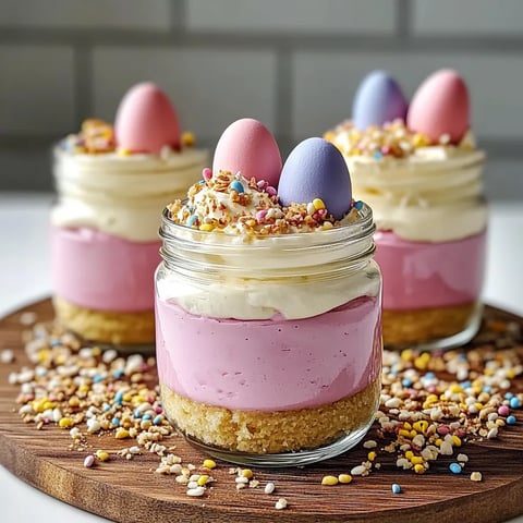 Trois petits desserts dans des verres, avec des croutons et des œufs colorés.