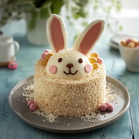 Une cake en forme de lapin avec des paillettes de sucre sur le dessus.