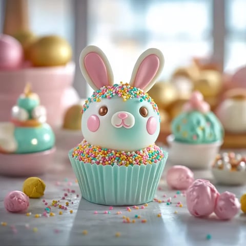 Une table avec des cupcakes colorés et des gâteaux colorés.
