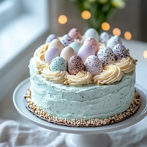 Une cake délicieux avec des œufs colorés et des chocolats.