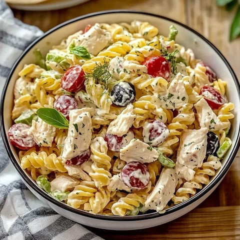 Une assiette de pâtes salées avec des légumes et des viandes.
