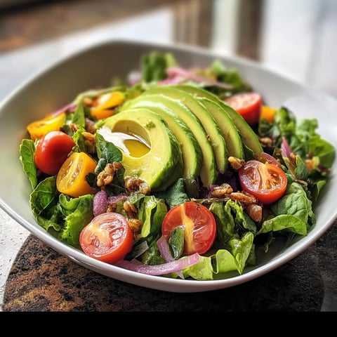Une salade composée de tomates, de concombre, de lardons et d'avocats.