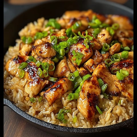 Une assiette de riz avec des chicken grillés et des pousses de poivrons.