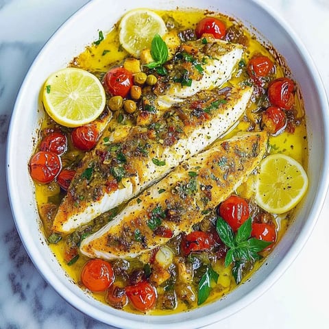 Plate of food with fish, tomatoes, and lemon.