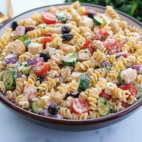 Une assiette de macaroni salade avec des légumes et des herbes.