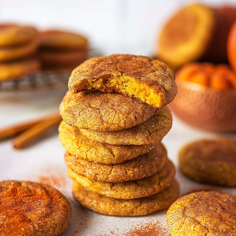 Pumpkin Snickerdoodle Cookies stacked on a table.