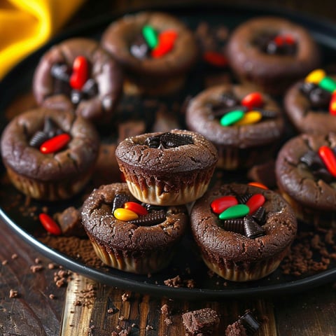 A plate of chocolate cupcakes with candy toppings.