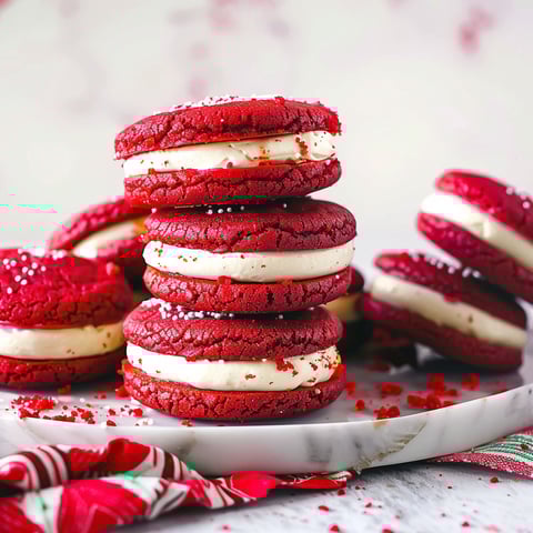 Red velvet cookies stacked on a plate.