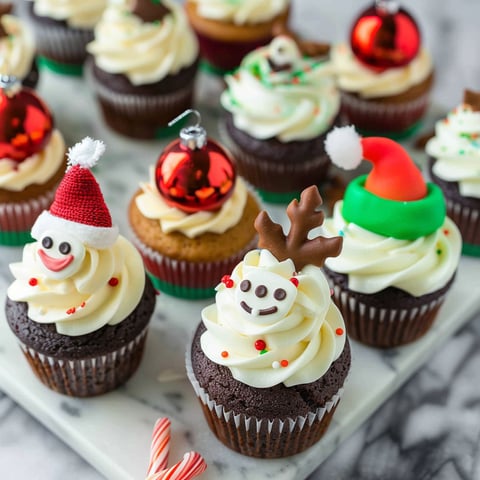 A plate of cupcakes with Christmas decorations.