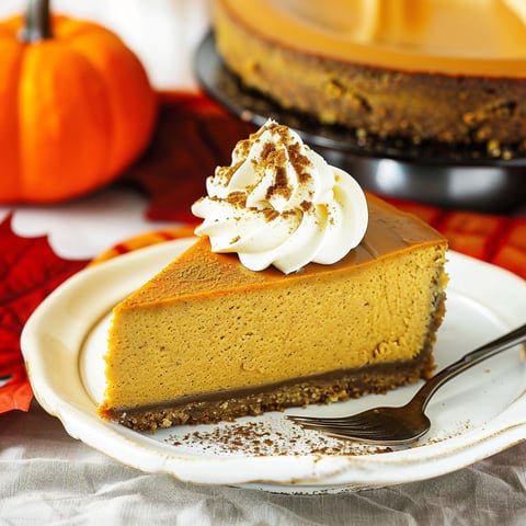 A slice of pumpkin cheesecake with whipped cream on top.