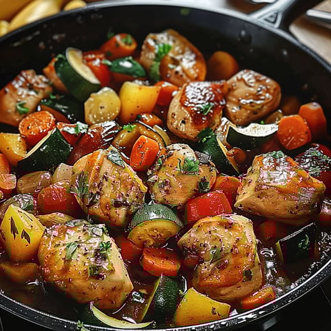 A pan of chicken and vegetables.
