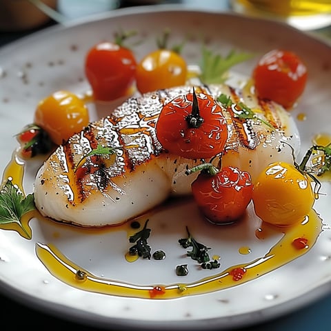 A plate of food with tomatoes and fish.